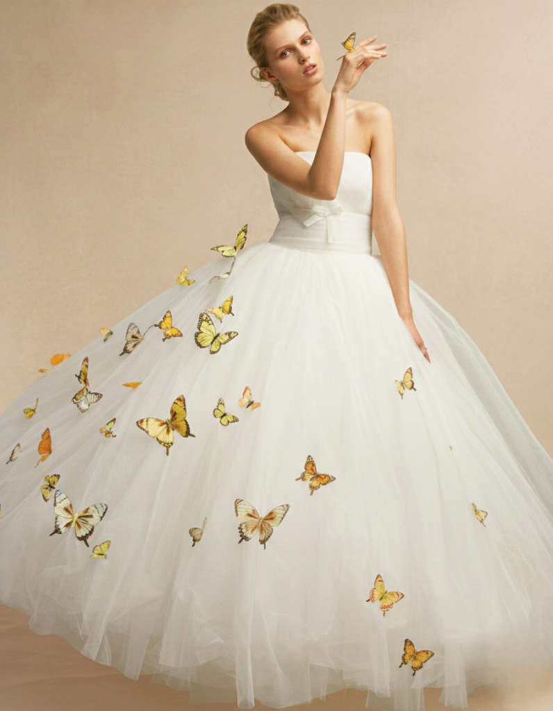 abito da sposa con farfalle colorate applicate